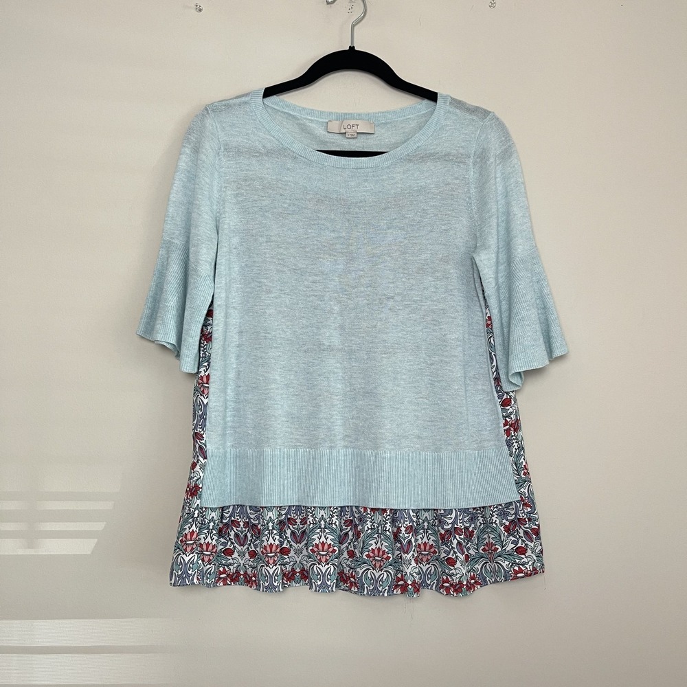 LOFT Wool Blend Mixed Media loral Ruffle Hem Sweater Blouse Sz S